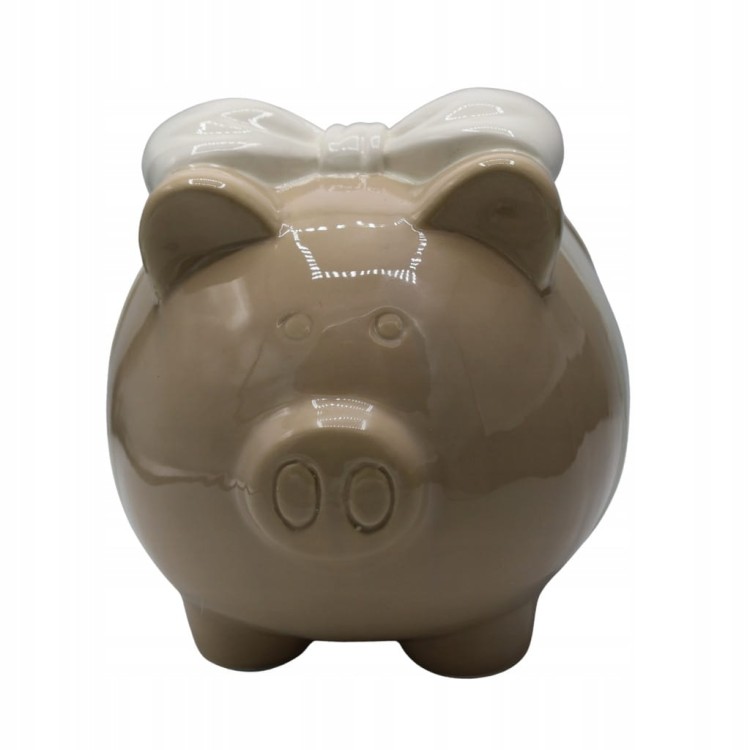 Skarbonka ceramiczna świnka beżowa z białą kokardą 15x13cm elegancka ozdoba