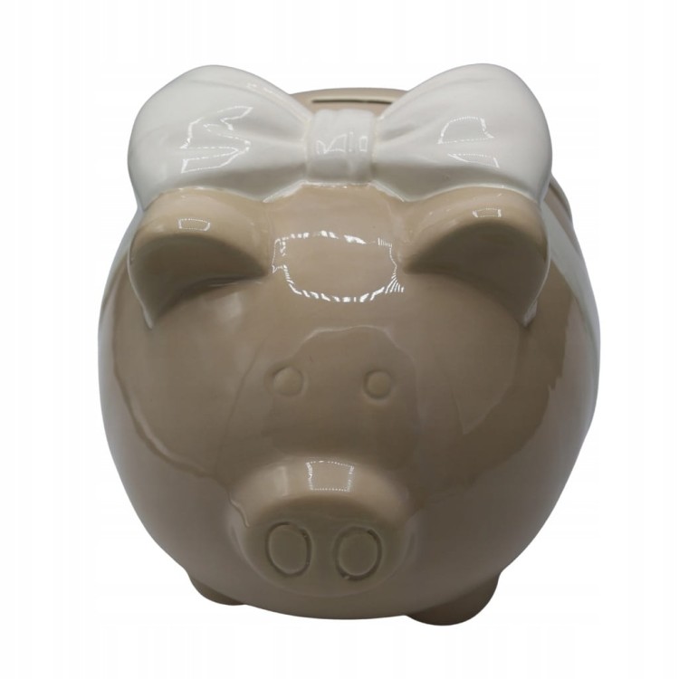 Skarbonka ceramiczna świnka beżowa z białą kokardą 15x13cm elegancka ozdoba