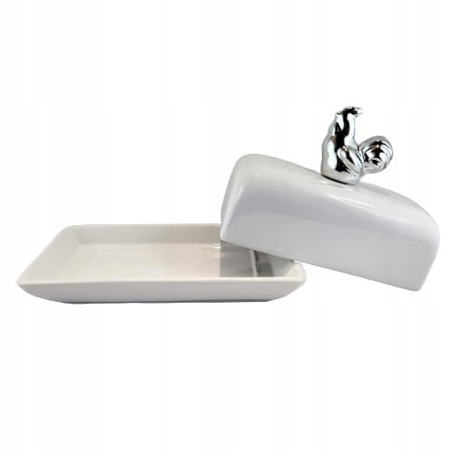 Maselniczka ceramiczna biała ze srebrnym kogutem 18,5 cm pojemnik na masło